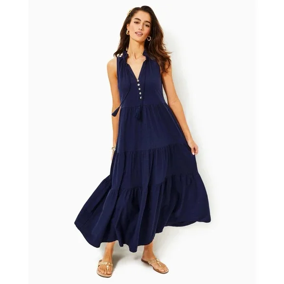NWOT Lilly Pulitzer Malone Maxi Dress Tiered Navy Blue Preppy Cotton Women Small - Picture 8 of 9